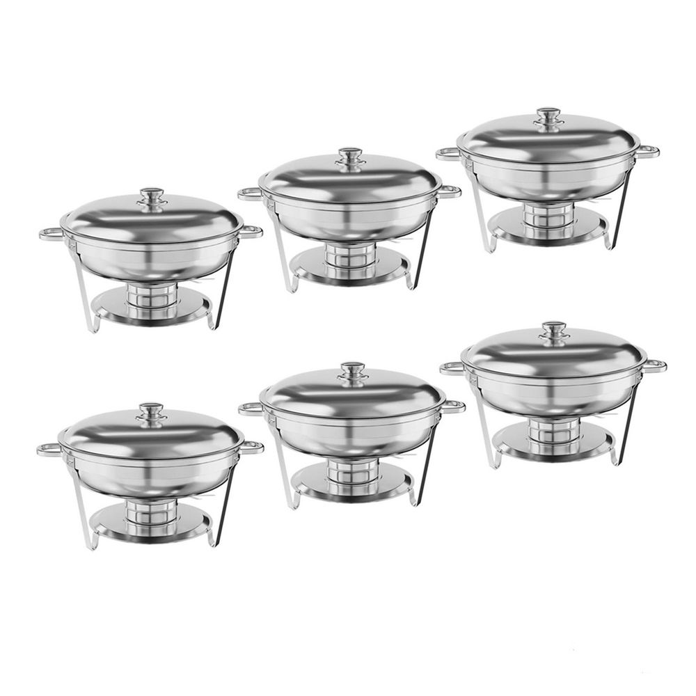 6 Pack 5.3 Qt. Stainless Steel Round Chafing Dish Buffet Set with Food & Water Pan & Stand