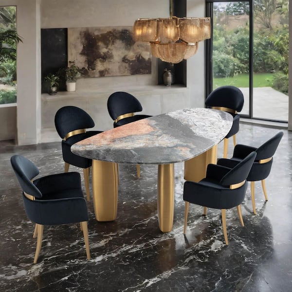 Varand 7-Piece Rectangle Black/Gray/Matte Gold Sintered Stone Top Dining Room Set with Black Arm Chairs (Seats 6)