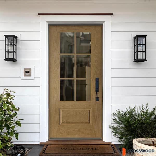 36 in. x 80 in. Farmhouse Clear Glass Left-Hand/Inswing Bourbon Stain Realistic Woodgrain Fiberglass Prehung Front Door