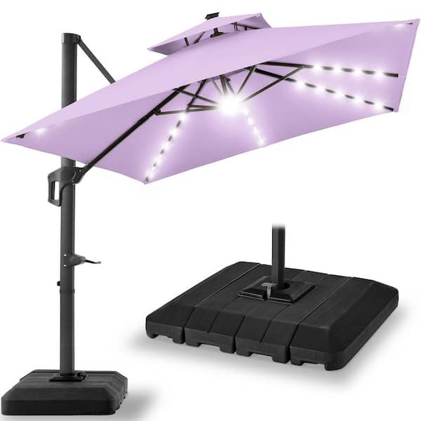 10 ft. Solar LED 2-Tier Square Cantilever Patio Umbrella with Base Included in Lavender