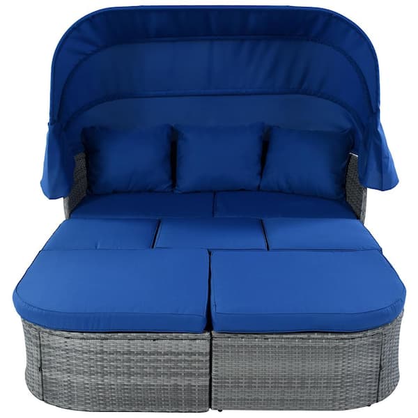 JimsMaison Gray Wicker Outdoor Day Bed with Blue Cushions and Retractable Canopy