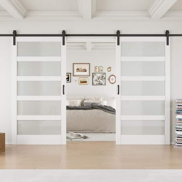 EH PUERTA 84 in. x 84 in. 5-Lite Tempered Frosted Glass White MDF Finished Double Sliding Barn Door Slab with Hardware