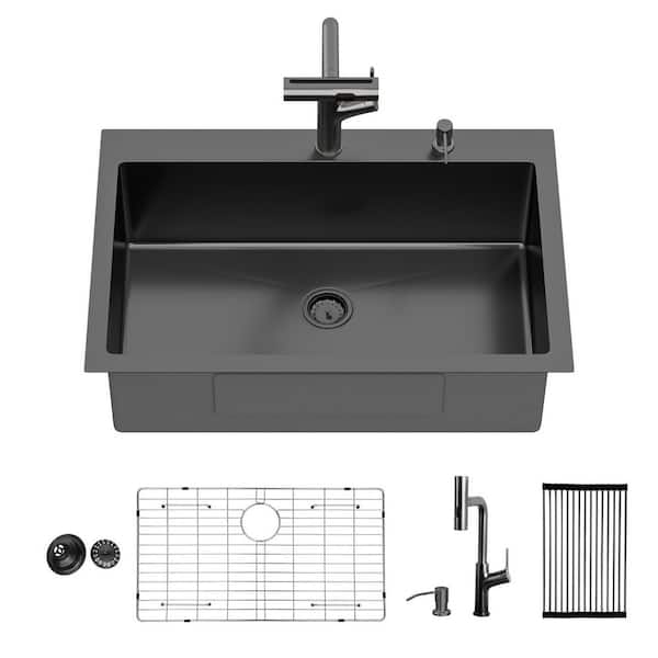30 in. Drop-In Single Bowl 16 Gauge Gunmetal Black Stainless Steel Kitchen Sink with Pull-Out Faucet and Soap Dispenser