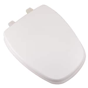 Molded Wood Elongated Closed Square Front Toilet Seat fits Eljer Emblem with Cover and Adjustable Hinge in White