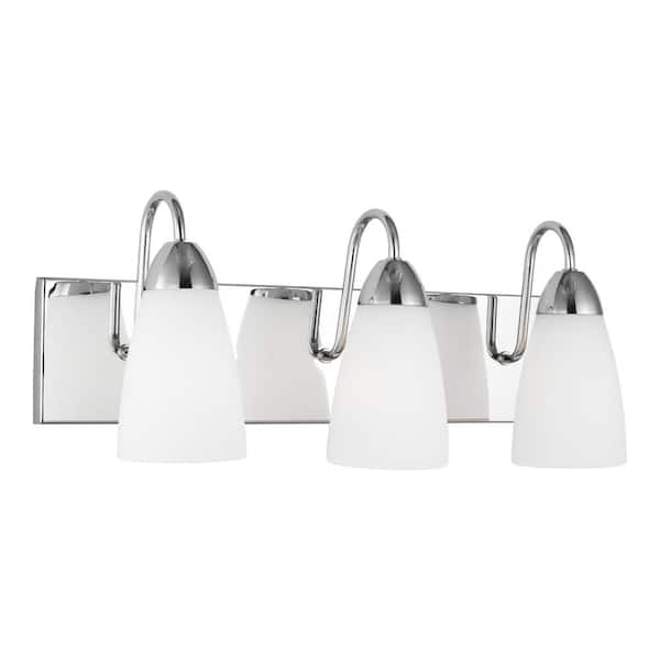 Generation Lighting Seville 21 in. 3-Light Chrome Transitional Modern Wall Bathroom Vanity Light with White Glass Shades and LED Bulbs