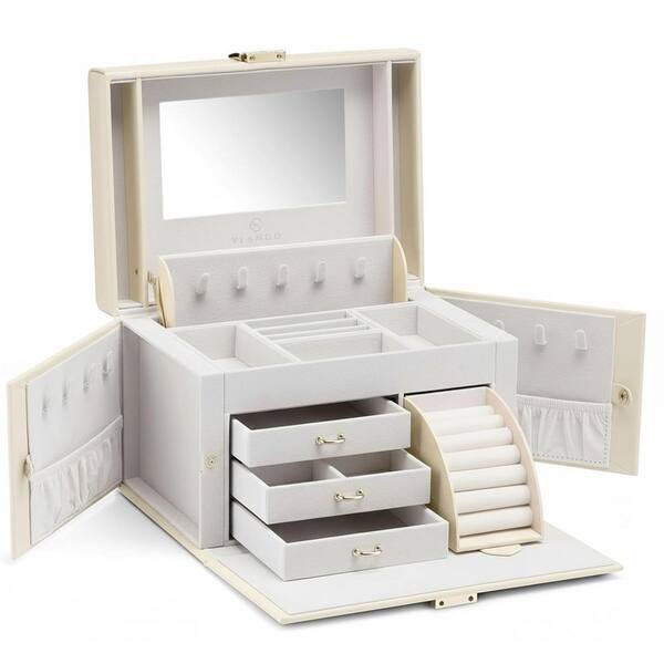 Jewelry Holder Organizer with Mirror, 3 Drawers for Bracelets, Earrings, Rings, Necklaces, Beige