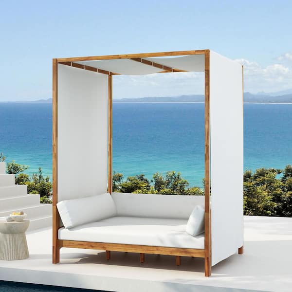 Judah Light Brown Solid Wood Outdoor Patio Day Bed with White Cushion, Canopy, Curtain, Detachable Pillows