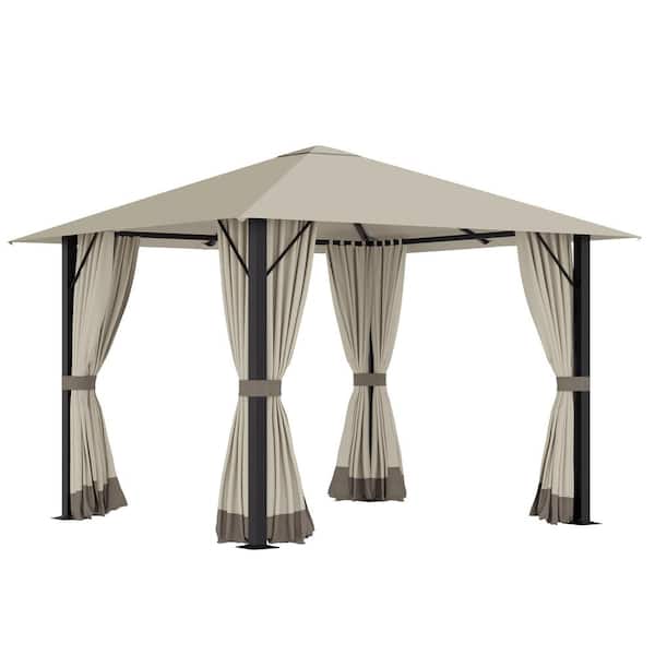 Unbranded 10 ft. x 10 ft. Brown Aluminum Frame Outdoor Patio Gazebo with Sidewalls, Vented Roof