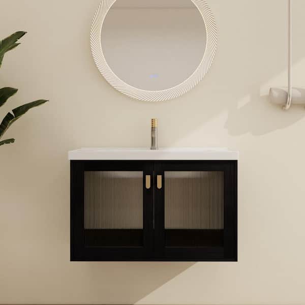 31.9 in. W x 18.7 in. D x 20.7 in. H Single Sink Wall-Mounted Bath Vanity in Black Chestnut with White Ceramic Vanity