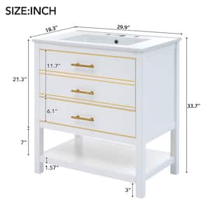 29.9 in. W x 18.3 in. D x 33.7 in. H Single Sink Bath Vanity in White with White Ceramic Top, Open Storge and Drawers