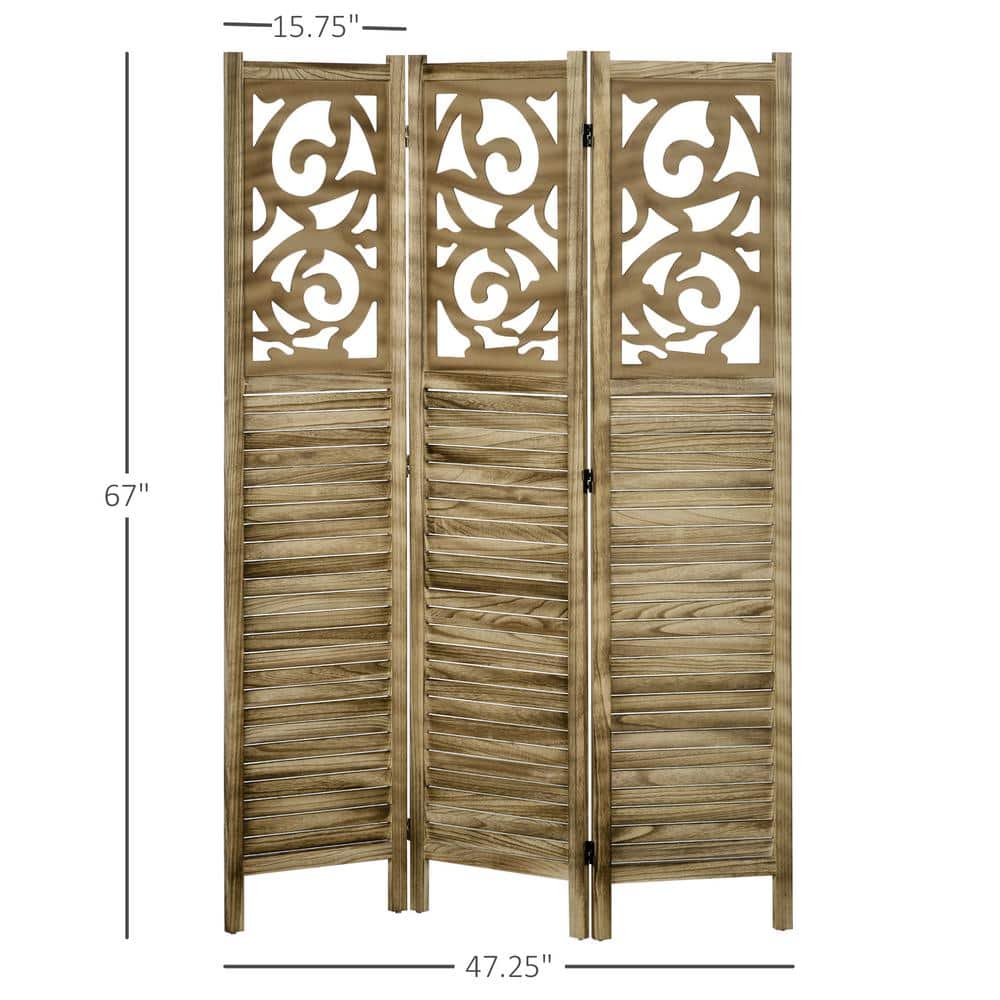 Brown Wood 3-Panel Folding Room Divider with Floral Design