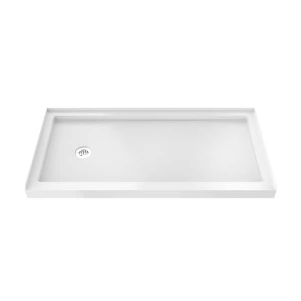 Slimline 60 in. L x 36 in. W Alcove Rectangular White Shower Pan Base with 2 in. Round Left Drain in Brushed Nickel