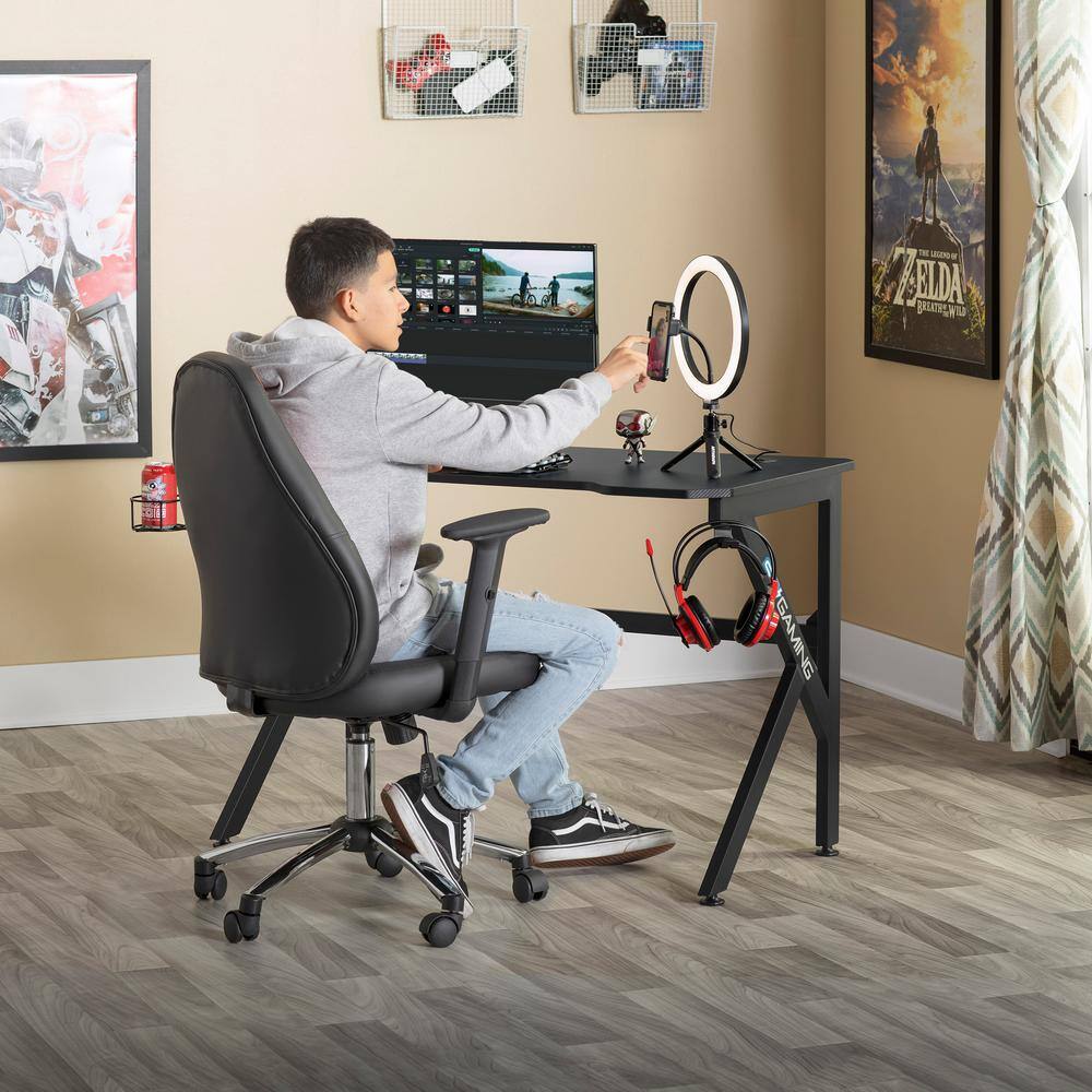 48" Black Carbon-Fiber Inspired Gaming Desk with Charging Hub