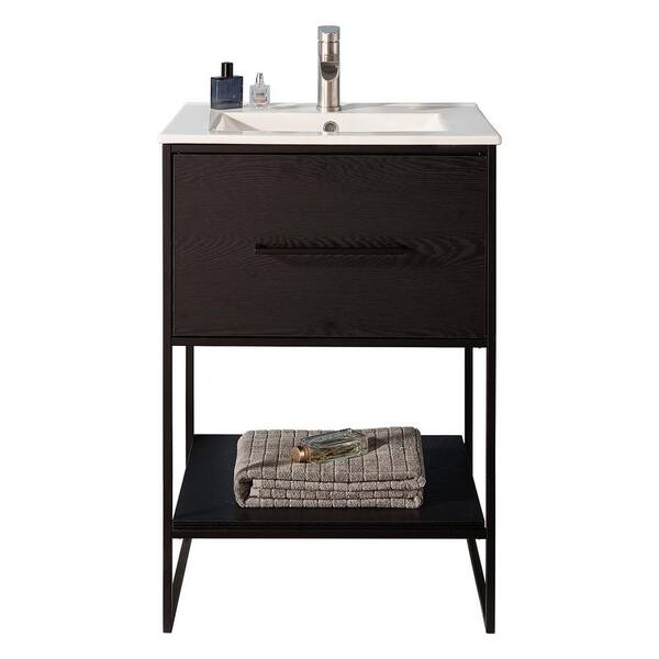 VC CUCINE 24 in. W x 18 in. D x 35 in. H Bathroom Vanity in Black with Top in White with Shelves with White Ceramic Sink
