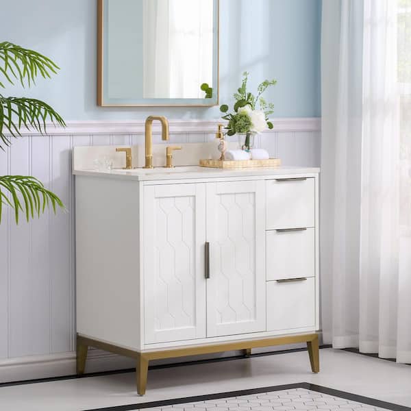 WELLFOR ALISON 36 in. W x 22 in. D x 35 in. H cUPC Single Sink Freestanding Bath Vanity in White with Carrera White Quartz Top