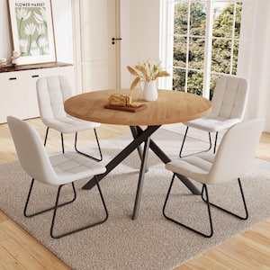 5-Piece White Chairs and Round Dining Table, Dining Table Set with 4 PU Chairs