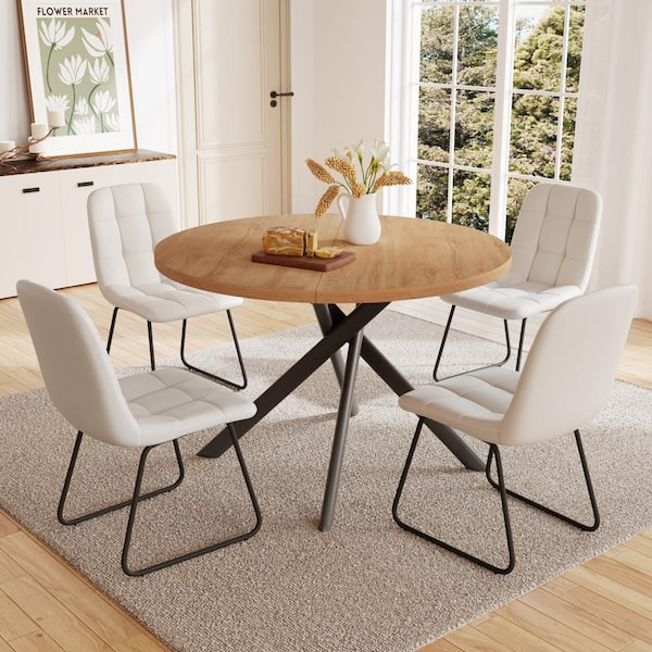 5-Piece White Chairs and Round Dining Table, Dining Table Set with 4 PU Chairs