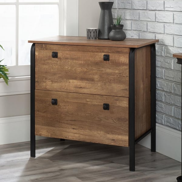 Station House Etched Oak Lateral File Cabinet with Metal Frame