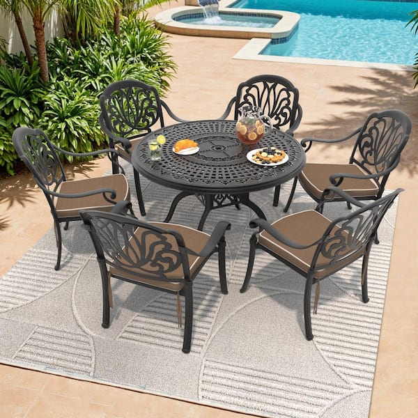 Willit Elizabeth Black 7-Piece Cast Aluminum Outdoor Dining Set with Round Table, Dining Chairs and Brown Seat Cushion