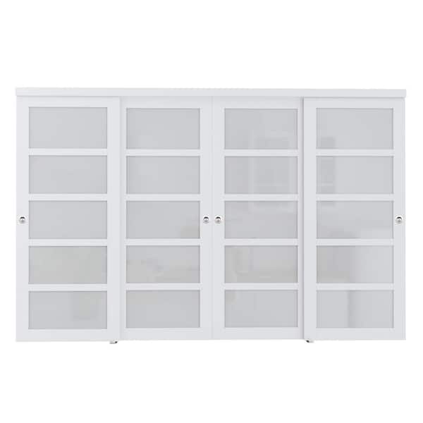 120 in. x 80 in. 5-Lite Frosted Glass Primed White MDF Interior Closet Sliding Door Sliver Handles and Hardware