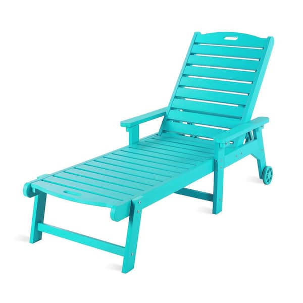 LUE BONA Helen Aruba Blue Recycled Plastic Polywood Outdoor Reclining Chaise Lounge Chairs with Wheels for Poolside Patio