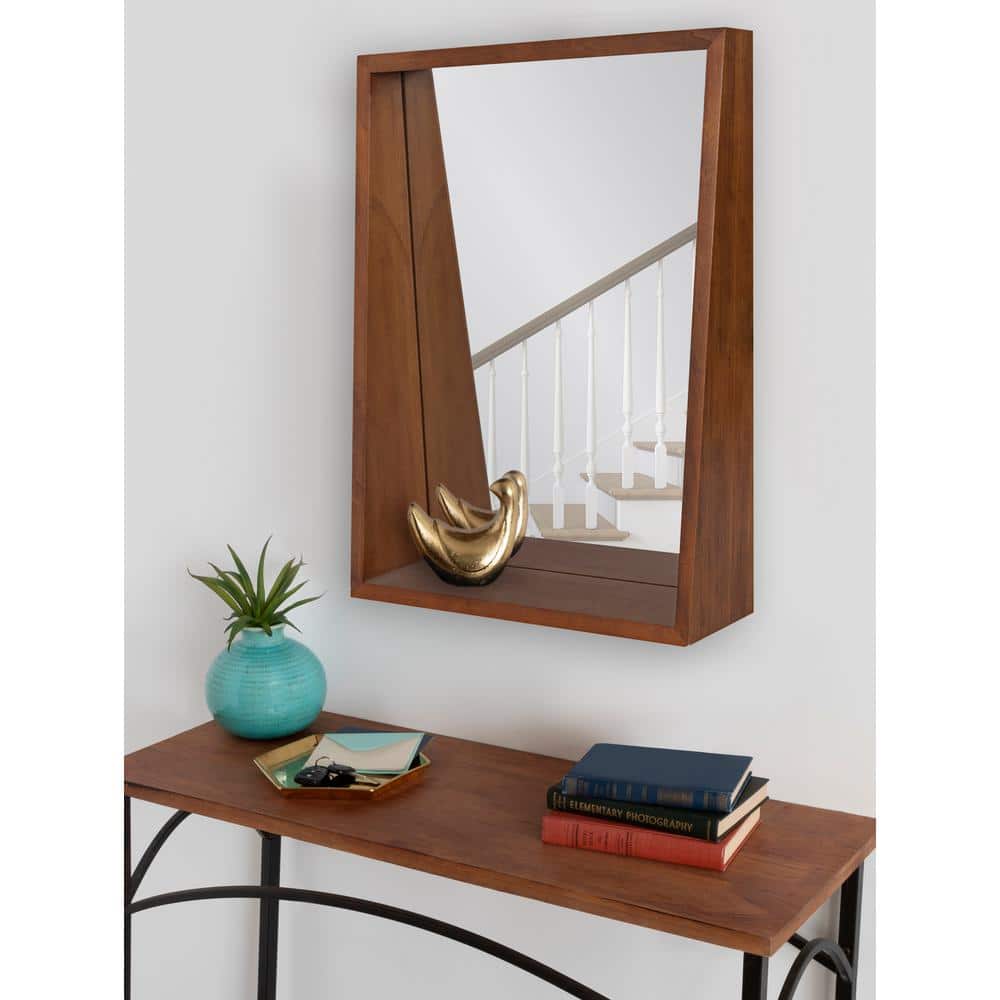 Hutton Mid-Century Modern Walnut Brown Wood Framed Mirror with Shelf
