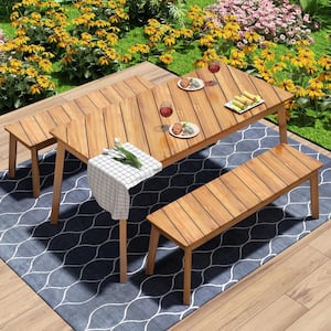 Natural 3-Piece Acacia Wood Outdoor Dining Set With 2 Benches, Picnic Beer Table for Patio, Porch, Garden, Poolside