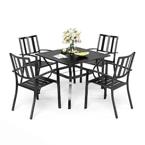 Black 5-Piece Metal Outdoor Patio Dining Set with Slat Square Table and Modern Stackable Chairs