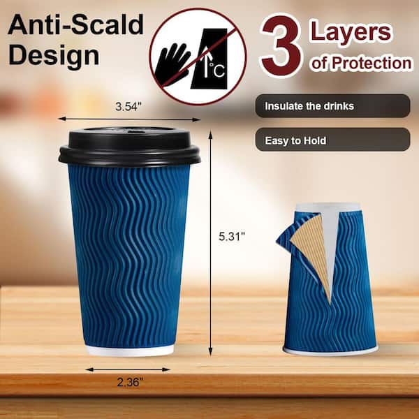 Numhew 16 oz. Disposable Coffee Cups with Lids, Hot Paper Insulated Corrugated Ripple Wall Cup for Drinks, Blue (50-Pack)