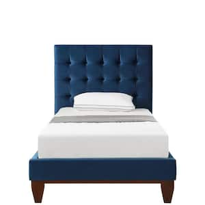 Blue Wood Frame Twin Panel Bed with Tufted; Upholstered