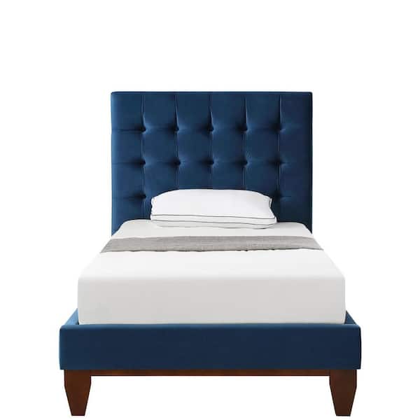 HomeRoots Blue Wood Frame Twin Panel Bed with Tufted; Upholstered
