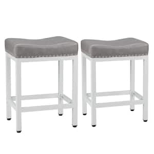24 in. Grey Backless Metal Frame Counter Height Bar Stool PU Leather Saddle Stools (Set of 2)