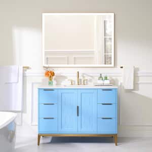 48 in.W x 22 in.D x 35 in.H Single Sink Freestanding Bath Vanity in Blue w/White Quartz Top, LED Bathroom Vanity Mirror