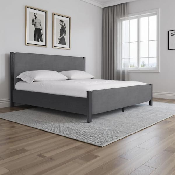 Benjara Cave Dark Gray Wood Frame Queen Size Panel Bed with Squared ...