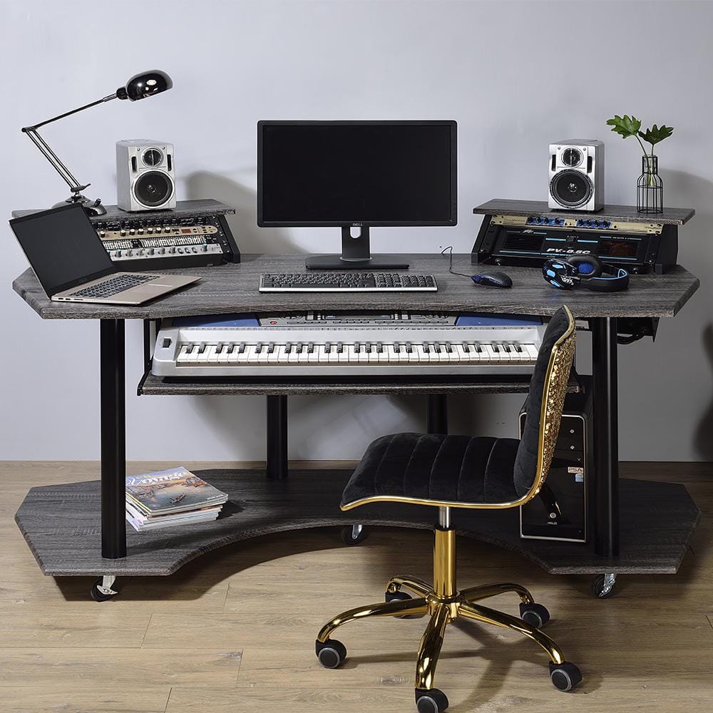 Eleazar Black Oak Studio Desk with Keyboard Tray and Speaker Stands