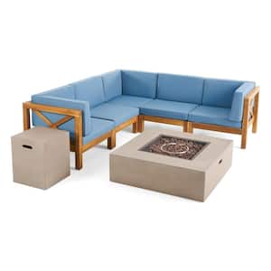Brava Teak Brown 7-Piece Wood Patio Fire Pit Sectional Seating Set with Blue Cushions