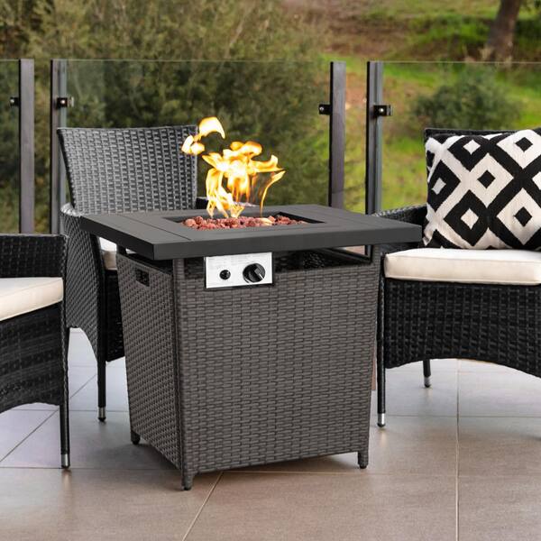 Gray Square Wicker Fire Pit Table, Round Wicker Fire Pit