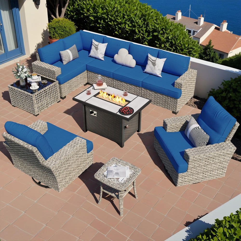 Aurea 10-Pieces Wicker Outdoor Patio Rectangular Fire Pit Set with Navy Blue Cushions price history on PriceWatchPro