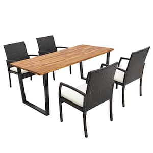 5 Piece Wicker Outdoor Dining Set Acacia Wood Table 4 Wicker Chairs with Umbrella Hole and Off White Cushions