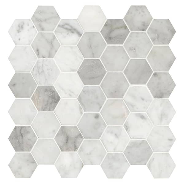 Carrara White 2 in. Hexagon 12 in. x 12 in. x 0.31 in. Honed Marble Mesh-Mounted Mosaic Tile (9.8 sq. ft./case)