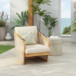 Acacia Wood Outdoor Patio Lounge Chair with Beige Polyester Cushions, Textilene Mesh