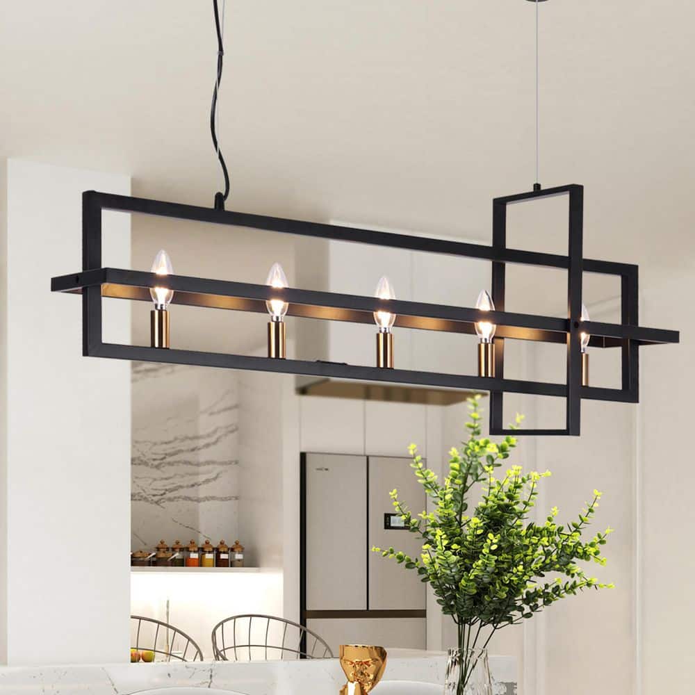 LNC Geometric Cage Chandelier 5-Light Black Island Chandelier