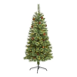 5 ft. Pre-Lit White Mountain Pine Artificial Christmas Tree with 200 Clear LED Lights and Pine Cones