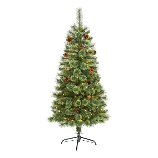 Nearly Natural 5 ft. Pre-Lit White Mountain Pine Artificial Christmas Tree with 200 Clear LED Lights and Pine Cones