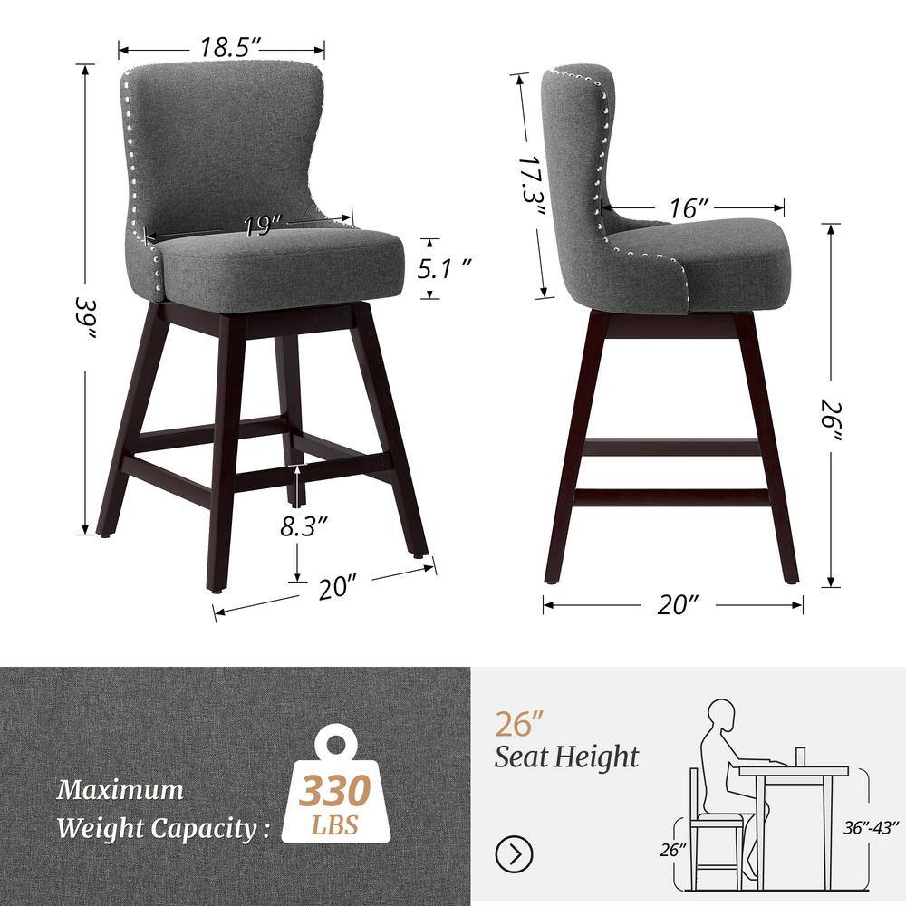 Gray Linen Fabric Upholstered Swivel Counter Stools with Solid Wood Frame, Set of 2