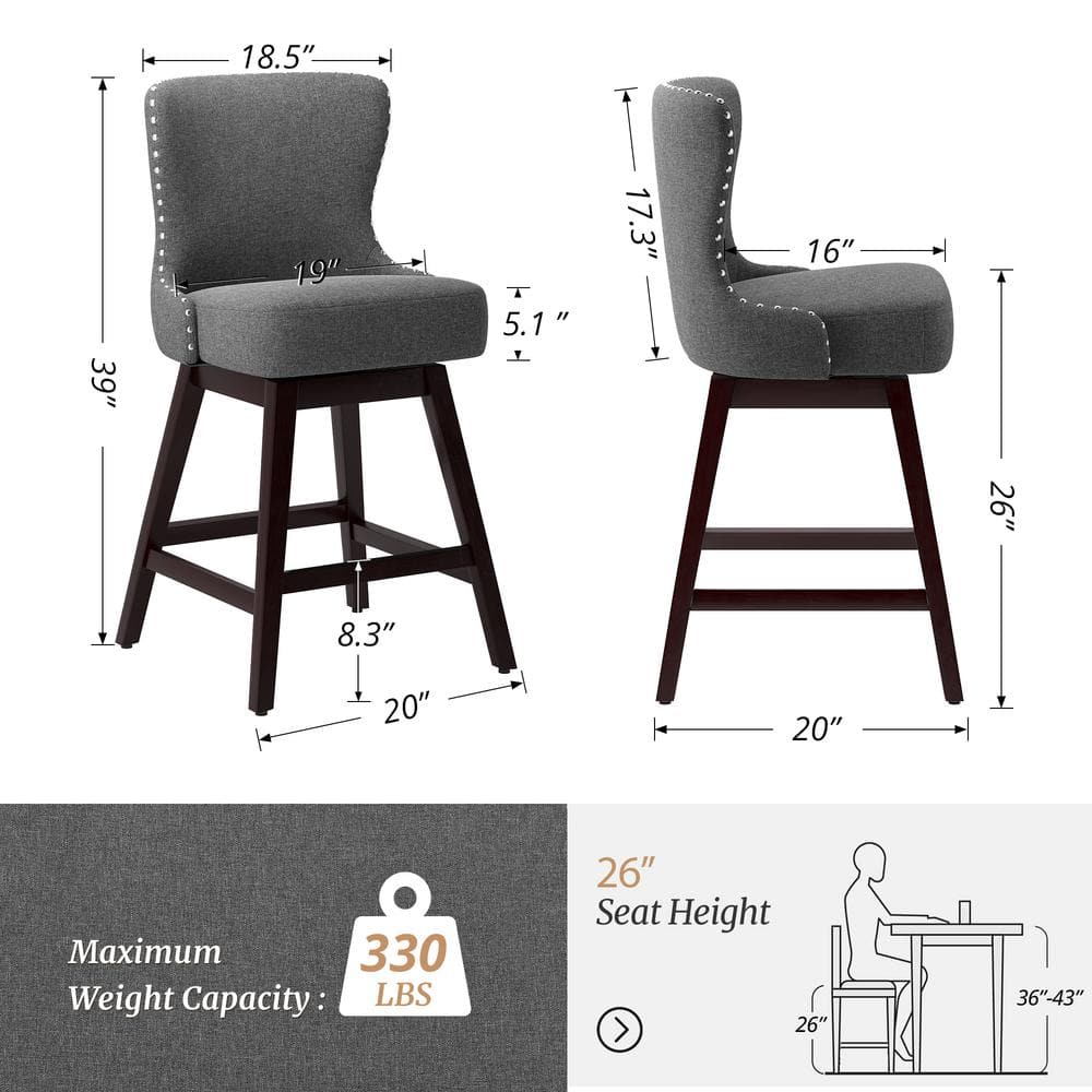 Gray Linen Swivel Counter Height Bar Stools with Wood Legs, Set of 3