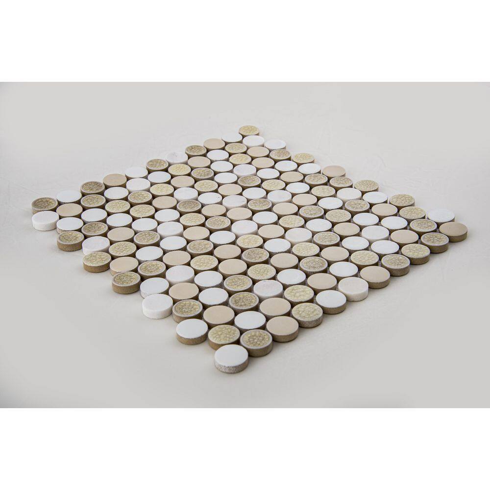 Polished White and Beige Ceramic Penny Round Mosaic Tile