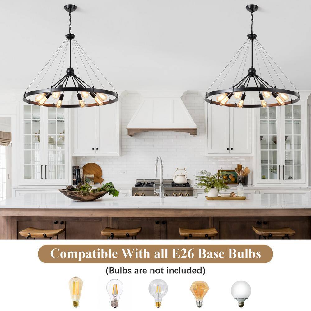 Large Black Metal Wagon Wheel Chandelier with 8 Lights