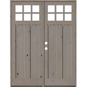 72 in. x 96 in. Craftsman Right-Hand Active 6-Lite Clear Glass Grey Stain Double Wood Prehung Front Door/Dentil Shelf