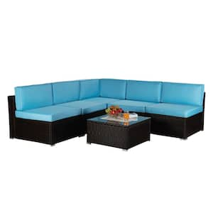 Brown 6-Piece PE Wicker Patio Conversation Sectional Set with Blue Cushions Outdoor Patio Furniture Sets Sofa Sets